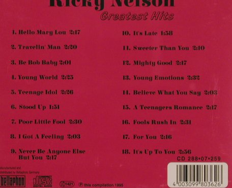 Nelson,Ricky: Greatest Hits, Bellaphon (288 07 259), D, 1995 Typ: CD Best.-Nr.: 83834 Preis: 7,50 Euro
