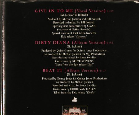 Jackson,Michael feat.Slash: Give In To Me/Dirty Diana/Beat It, Epic, A, 1991 Typ: CD5" Best.-Nr.: 82746 Preis: 4,00 Euro