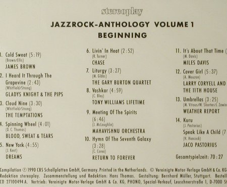 V.A.Jazzrock Anthology Volume 1: Beginning,14 Tr.,FS-New, CBS/Stereoplay(27100-94 A), A, 1990 - CD - 93404 - 10,00 Euro