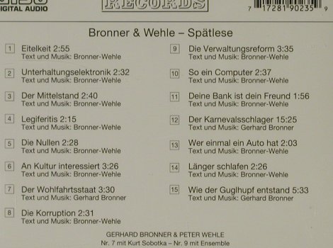 Bronner & Wehle: Spätlese, Preiser Records (90235), A Typ: CD Best.-Nr.: 81392 Preis: 7,50 Euro