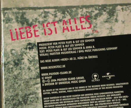 Rosenstolz: Liebe Ist Alles,Promo 1 Tr., Isl., D, 2004 Typ: CD5" Best.-Nr.: 99354 Preis: 5,00 Euro