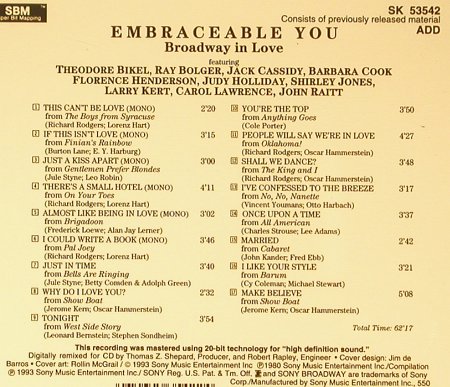 Embraceable You: Broadway in Love, Sony(SK 53542), , 1993 - CD - 53717 - 7,50 Euro