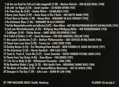 V.A.Memories: M.Dietrich...John Lurie, 20 Tr., Playboy/Magazine Music (66.666-2), D, 1989 Typ: CD Best.-Nr.: 81290 Preis: 5,00 Euro
