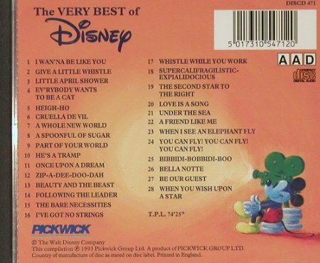 V.A.Very Best of Disney Vol.1: 28 orign. Soundtrack rec., Pickwick(DISCD 471), UK, 1993 - CD - 91253 - 10,00 Euro