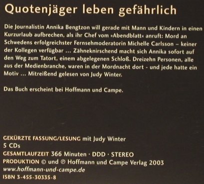 Prime Time: Liza Marklund,mit Judy Winter, Hoffmann und Campe, , 2003 Typ: 5CD Best.-Nr.: 93914 Preis: 11,50 Euro
