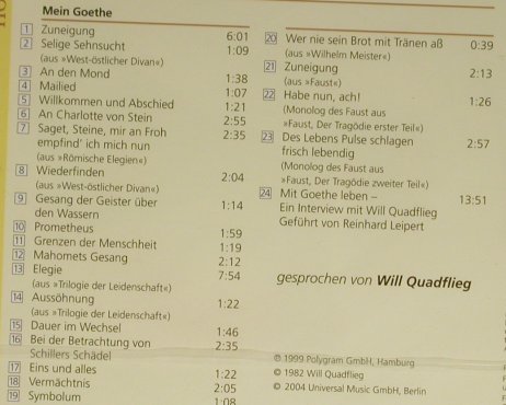 Quadflieg,Will - Mein Goethe: Gedichte u. Monologe '82, FS-New, Deutsche Gramophon, D, 2004 Typ: CD Best.-Nr.: 93939 Preis: 5,00 Euro