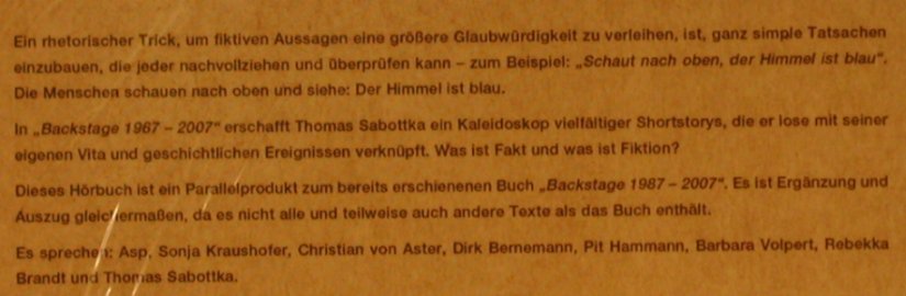 Backstage: von Thomas Sabottka, Digi, FS-New, Trisol, , 2007 Typ: 2CD Best.-Nr.: 97613 Preis: 10,00 Euro