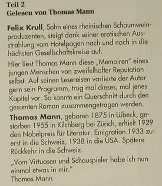 Bekenntnisse d.Hochstaplers F.Krull: Gelesen von Thomas Mann,Teil 1+2, DerHörVerlag(), D, 1996 - 2CD - 97859 - 10,00 Euro