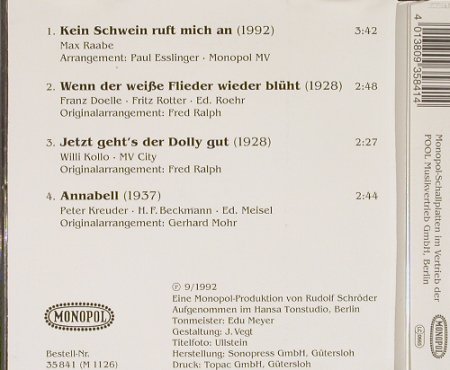 Palast Orchester & Max Raabe: Kein Schwein Ruft Mich An+3, Monopol, D, 1992 Typ: CD5" Best.-Nr.: 83919 Preis: 3,00 Euro
