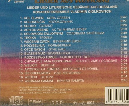 Kosaken Ensemb.Vladimir Ciolkovitch: Lieder aus Russland, JMP, D, 1994 Typ: CD Best.-Nr.: 83934 Preis: 7,50 Euro