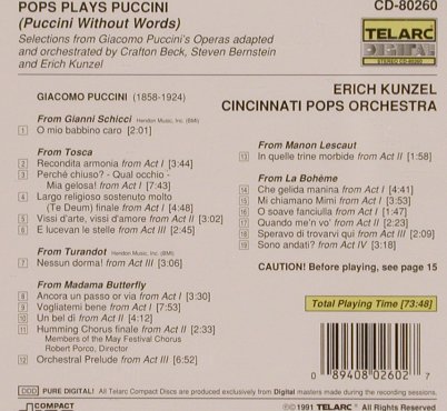 Kunzel,Erich & Cinncinati Pop Orch.: Pops Plays Puccini, Telarc (80260), US, 1991 Typ: CD Best.-Nr.: 83977 Preis: 7,50 Euro