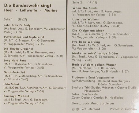 V.A.Die Bundeswehr singt: Heer, Luftwaffe, Marine, Intercord (450.024), D Typ: MC Best.-Nr.: 92783 Preis: 3,00 Euro