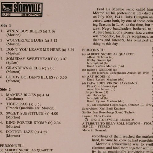Morton,Jelly Roll: A Tribute To,A.Nicholas.. Papa Bue', Storyville (SLP 221), DK, 1972 Typ: LP Best.-Nr.: Y1842 Preis: 7,50 Euro