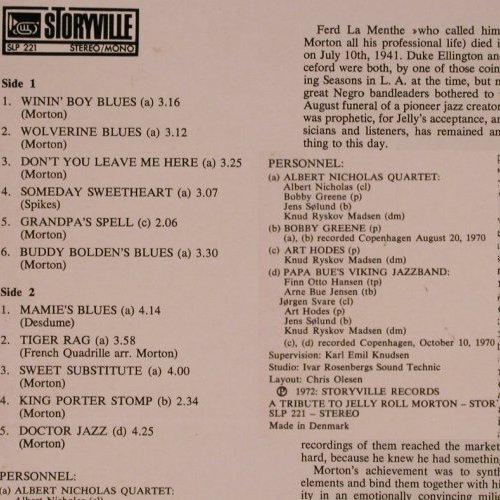 Morton,Jelly Roll: A Tribute To,A.Nicholas.. Papa Bue', Storyville(SLP 221), DK, 1972 - LP - Y1842 - 7,50 Euro