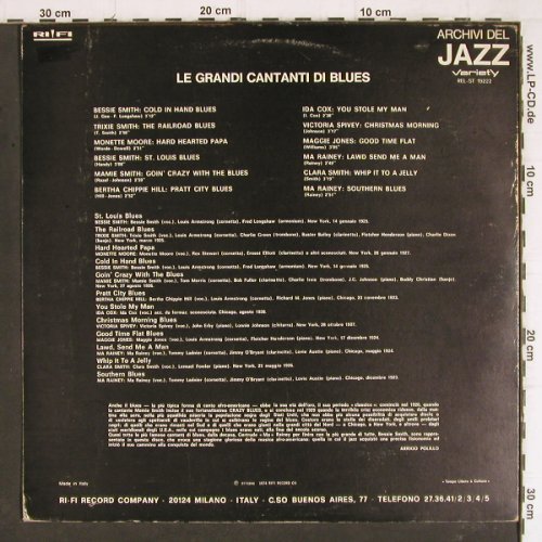 V.A.I Grandi Cantani di Blues: Bessie Smith... Ma Rainey, Variety/Archivi d.J. (REL-ST 19222), I, 1974 Typ: LP Best.-Nr.: Y8161 Preis: 7,50 Euro