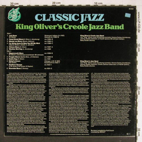 King Oliver's Creole Jazz Band: Classic Jazz, Jazz Story (40.002), D, 1976 Typ: LP Best.-Nr.: Y8176 Preis: 6,00 Euro