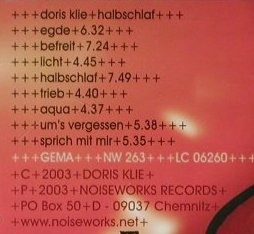 Doris Klie: Halbschlaf, Noiseworks (NW 263), D, 2002 Typ: CD Best.-Nr.: 50122 Preis: 7,50 Euro