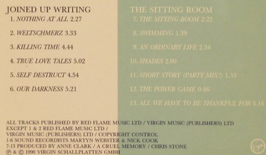 Clark,Anne: Joined Up Writing/The Sitting Room, Virgin, A, 1990 Typ: CD Best.-Nr.: 50321 Preis: 5,00 Euro