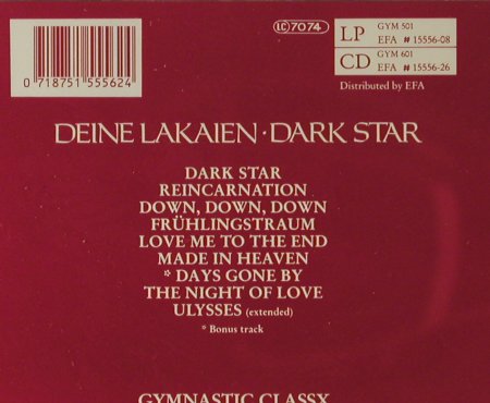 Deine Lakaien: Dark Star, Gymnastic (GYM 601), D, 1991 Typ: CD Best.-Nr.: 51319 Preis: 10,00 Euro