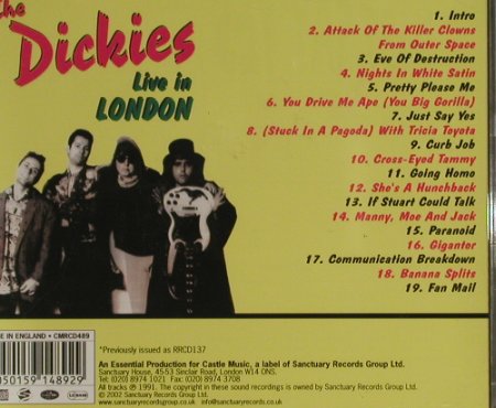Dickies: Live in London(91), Sanctuary (CMRCD 489), UK, 2002 Typ: CD Best.-Nr.: 61618 Preis: 12,50 Euro