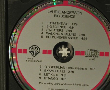 Anderson,Laurie: Big Science, WB (257 002), D, 1982 Typ: CD Best.-Nr.: 99181 Preis: 10,00 Euro