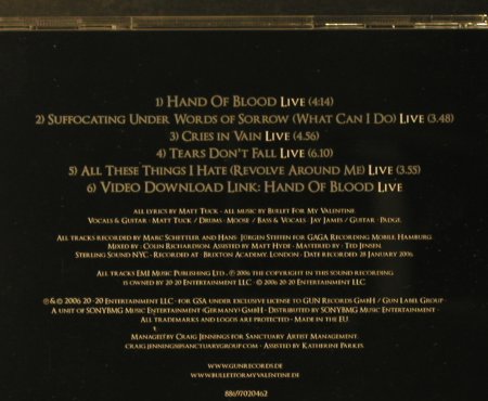 Bullet for My Valentine: Hand Of Blood EP, 5 Tr.Live, Gun Rec.(255), EU, 2006 - CD5inch - 95618 - 7,50 Euro