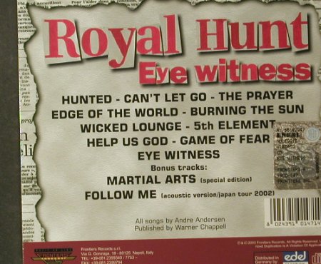 Royal Hunt: Eyewitness, Digi, Frontiers(FR CD 147D), I, 2003 - CD - 96202 - 7,50 Euro