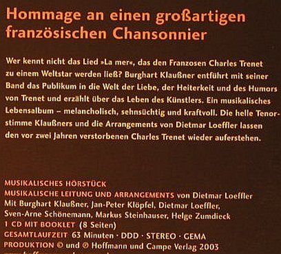 Klaussner,Burghart  swingt Trenet: Je Chante, Digi, Hoffmann und Campe, D, 2003 Typ: CD Best.-Nr.: 97734 Preis: 10,00 Euro