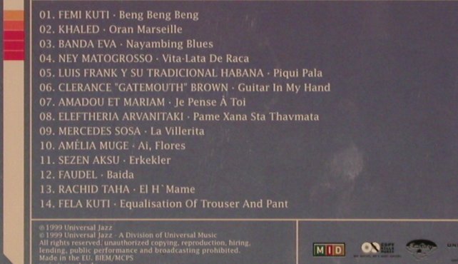 V.A.Universal Travel Guide 01: Femi Kuti...Fela Kuti, 14Tr., Universal Jazz, EU, 1999 Typ: CD Best.-Nr.: 84094 Preis: 7,50 Euro