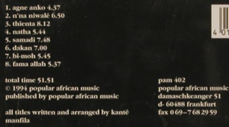 Kanté Manfila: n'na niwalé(merci les méres), Popular African Music (pam 402), D, 1994 Typ: CD Best.-Nr.: 84149 Preis: 10,00 Euro