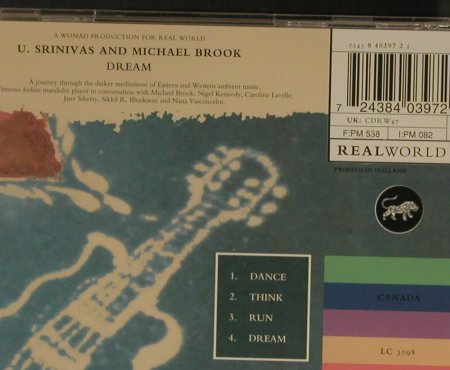 Srinivas,U. & Michael Brook: Dream ( India/Canada ), Real World (CDRW 47), NL, 1995 Typ: CD Best.-Nr.: 84195 Preis: 10,00 Euro