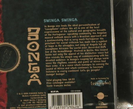 Bonga: Swinga Swinga, (Angola)FS-New, Piranha (1040), D, 1996 Typ: CD Best.-Nr.: 91763 Preis: 10,00 Euro