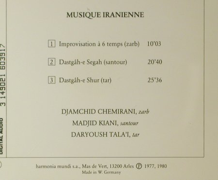 Chemirani / Kiani / Tala'i: Musique Iranienne, Harmonia Mundi(HMA 190391), F, 1977 - CD - 96108 - 10,00 Euro