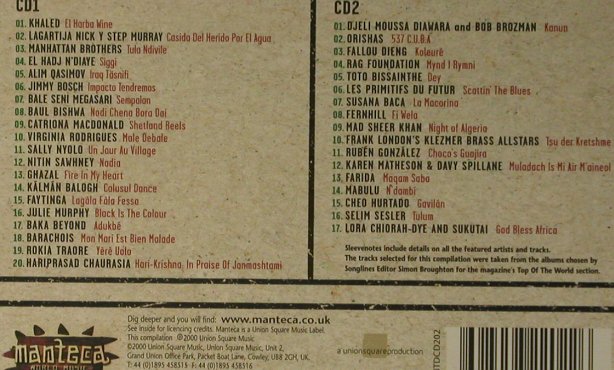 V.A.Songline pres.World Music: 37 Tr. #1, Manteca, , 2000 Typ: 2CD Best.-Nr.: 99455 Preis: 10,00 Euro