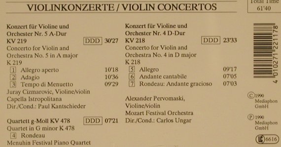 Mozart,Wolfgang Amadeus: Violinkonzerte Nr.4 & 5, Mediaphon (22.117), D, 1990 Typ: CD Best.-Nr.: 80424 Preis: 6,00 Euro