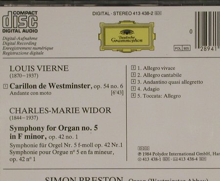 Widor,Charles-Marie/ Louis Vierne: Orgelsinfonie 5/Carillon d.Westm., D.Gr.(413 438-2), D, 1984 - CD - 80459 - 5,00 Euro