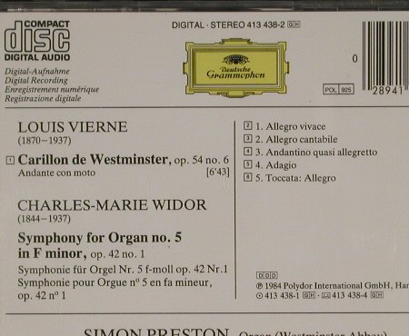 Widor,Charles-Marie/ Louis Vierne: Orgelsinfonie 5/Carillon d.Westm., D.Gr. (413 438-2), D, 1984 Typ: CD Best.-Nr.: 80459 Preis: 5,00 Euro