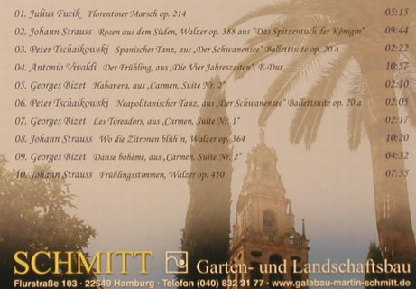 V.A.Mediterrane Gartenklänge: Damit ihr Garten auch hörbar schöne, Elbschmiede ((040)8323177), D, 2010 Typ: CD Best.-Nr.: 80973 Preis: 5,00 Euro