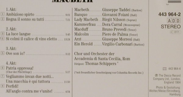 Verdi,Guiseppe: Macbeth, Gr.Opern-Querschnitt, Decca Bouquet (443 964-2), D, 1964 Typ: CD Best.-Nr.: 81159 Preis: 5,00 Euro