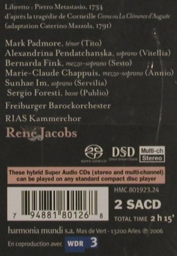 Mozart,Wolfgang Amadeus: La Clemenza di Tito, SACD, FS-New, Harmonia Mundi (801923.24), D, 2006 Typ: 2CD Best.-Nr.: 81256 Preis: 17,50 Euro