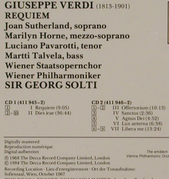 Verdi,Guiseppe: Requiem 68, Wiener Philh./Solti, Decca (411 944-2), D, 1984 Typ: 2CD Best.-Nr.: 81262 Preis: 10,00 Euro