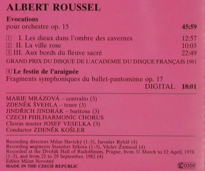 Roussel,Albert: EvocatiosLe festin de l'araignée, Supraphon (11 1985-2 911), CZ, 1994 Typ: CD Best.-Nr.: 81334 Preis: 12,50 Euro