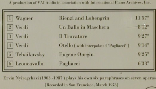 Nyiregyhazi,Ervin: At the Opera, Wagner,Verdi,Tchai.., Vai Audio (VAIA/IPA 1003), US, 1992 Typ: CD Best.-Nr.: 81462 Preis: 5,00 Euro