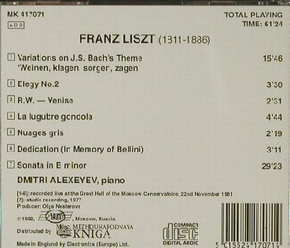 Liszt,Franz: Dmitri Alexeyev-Variations on Bach', Kniga (MK 417071), UK, 1992 Typ: CD Best.-Nr.: 81466 Preis: 5,00 Euro