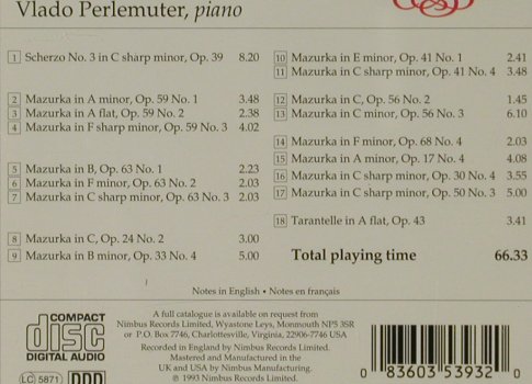 Chopin,Frederic: Mazurkas,Scherzo No.3,Tarantelle, Nimbus(NI 5393), UK, 1993 - CD - 81522 - 7,50 Euro