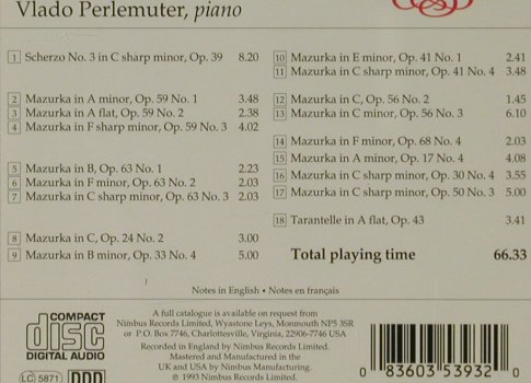 Chopin,Frederic: Mazurkas,Scherzo No.3,Tarantelle, Nimbus (NI 5393), UK, 1993 Typ: CD Best.-Nr.: 81522 Preis: 7,50 Euro