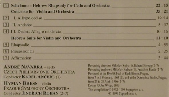 Bloch,Ernest: Schelomo,Violin Conc. Hebrew Suite, Supraphon(SU 3169-2 011), CZ, 1999 - CD - 81618 - 7,50 Euro