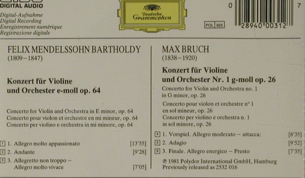 Mendelssohn-Bartholdy,Félix/Bruch: Violin Concertos-op.64 / op.26, D.Gr.(400 031-2), D, 1981 - CD - 81629 - 5,00 Euro