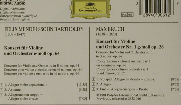 Mendelssohn Bartholdy,Felix / Bruch: Violin Concertos-op.64 / op.26, D.Gr. (400 031-2), D, 1981 Typ: CD Best.-Nr.: 81629 Preis: 5,00 Euro