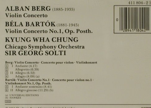 Berg,Alban / Bartók: Violin Concertos / Nr.1 op. Posth., Decca (411 804-2), D, 1984 Typ: CD Best.-Nr.: 81631 Preis: 7,50 Euro